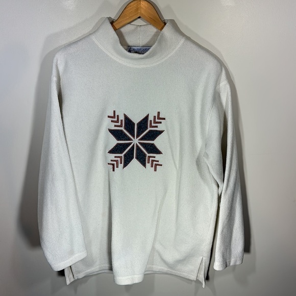 Winter Snowflake White Turtle Crew Neck Sweatshirt Cozy Pullover Christmas - Picture 2 of 8